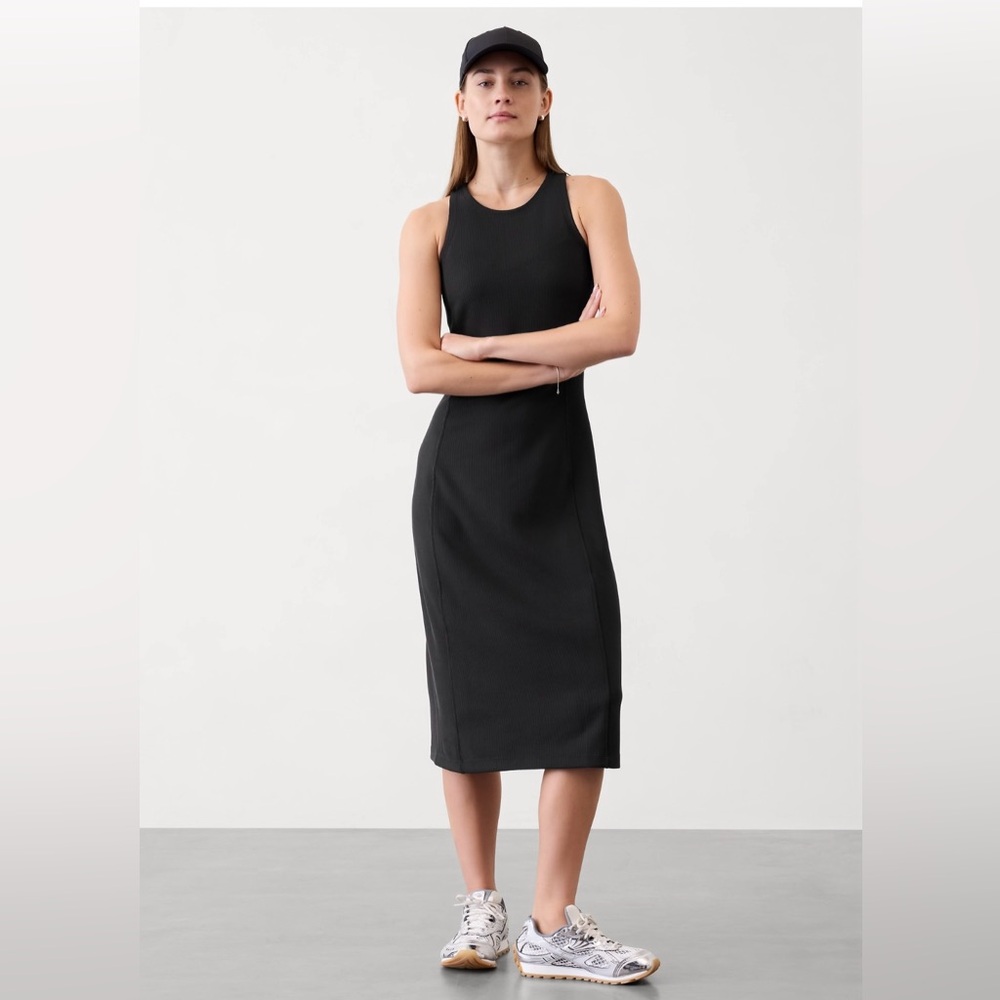 NWT-Athleta Black Seasoft Rib Midi Tank Dress, Medium Petite